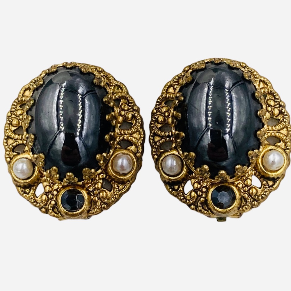 Vintage West German Black Glass Faux Pearl Enamel Brooch Earring Set - Picture 5 of 7